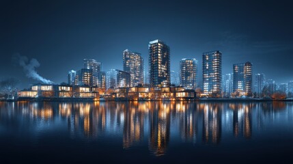 Fototapeta premium Modern city skyline at night reflected in water