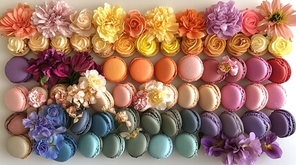 Colorful Macarons and Flowers Arrangement