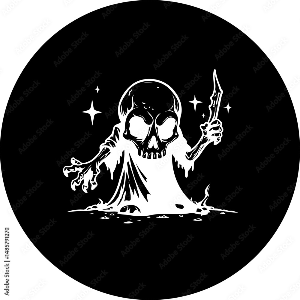 Poster eerie skull figure wielding a sharp object against a dark round backdrop