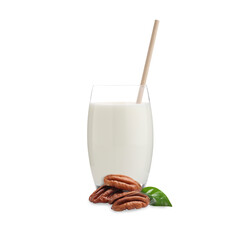 Nut milk in glass and pecans isolated on white