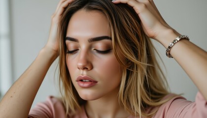 Fototapeta premium Woman with hands on head, a portrait of stress, anxiety, and worry