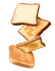 Pieces of fresh toast bread falling on white background