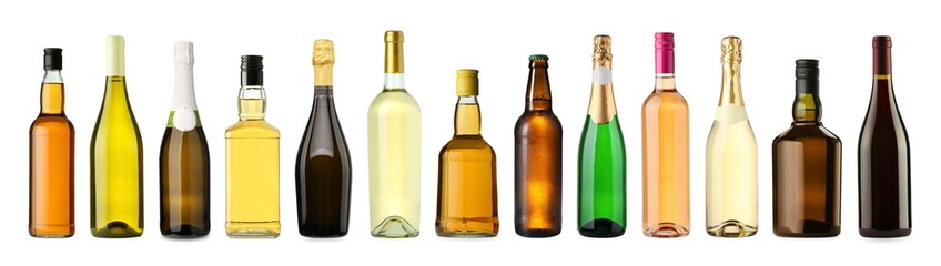 Bottles with different types of alcoholic drinks isolated on white, set
