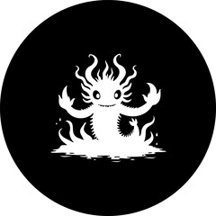 Abstract white figure with tentacle-like hair on a black circular background