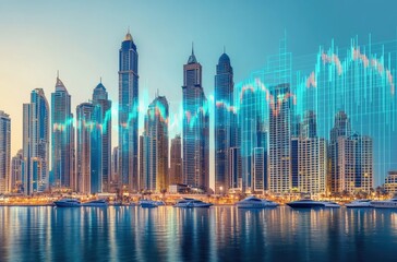 Financial cityscape at twilight