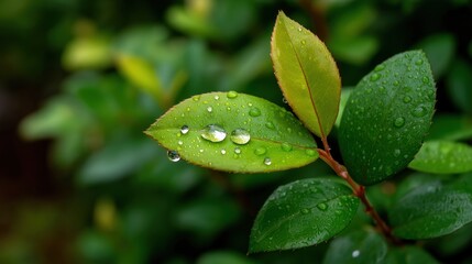 Fresh Green Leaves with Water Drops Revealing Nature's Beauty After a Refreshing Rainfall