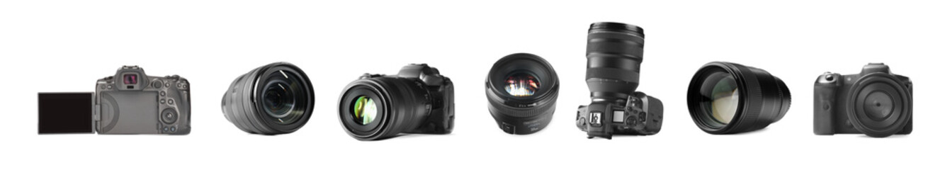Photo cameras and lenses isolated on white, set