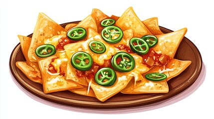Plate of nachos topped with cheese, chili, and jalape?os