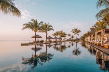 Obraz premium Beachfront infinity pool with thatched huts and palm trees at tropical resort. Serene coastal view during sunset