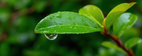Fototapeta premium Close-Up of Fresh Green Leaf with Water Droplet and Blurred Natural Background of Foliage