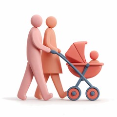 3d icon man and woman walking with baby stroller minimalistic icon on a white background