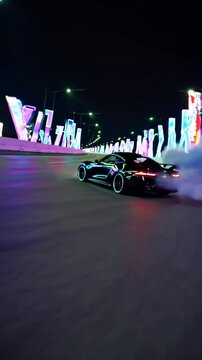 Voiture de sport noire filant dans une ville futuriste n&eacute;on

