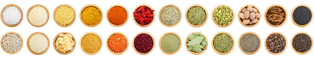 Different aromatic spices in bowls isolated on white, set. Top view