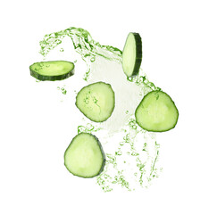 Cucumber slices and splashing green liquid in air on white background