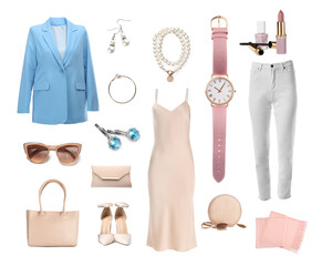 Fashionable women's clothes and accessories isolated on white. Stylish outfit collage
