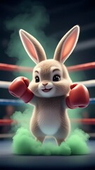 An adorable cartoon illustration of a rabbit wearing red boxing gloves, appearing ready to box with a determined expression.
