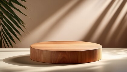 minimalist wooden pedestal with palm leaf shadows natural product display stand with tropical leaf shadows