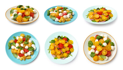 Tasty fresh salads with yellow and red tomatoes on white background, collage. Top and side view