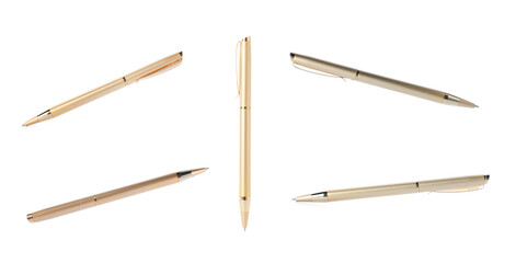 Ballpoint pen isolated on white, collage. Stationery