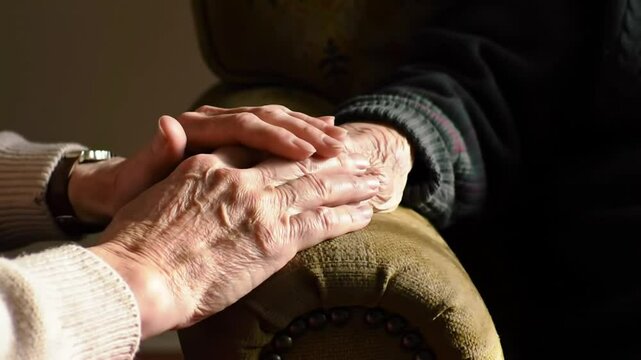 Close Up of Elderly Hands Intertwined in Sunlit Room Expressing Warmth and Compassion on Leather Chair