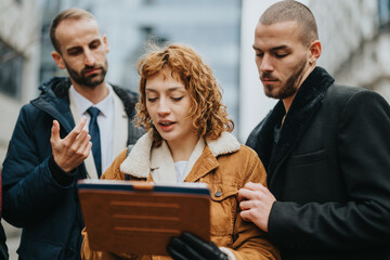 A group of three professionals analyzing data on a clipboard, engaged in a discussion. The image captures teamwork, collaboration, and business dynamics in an outdoor setting.