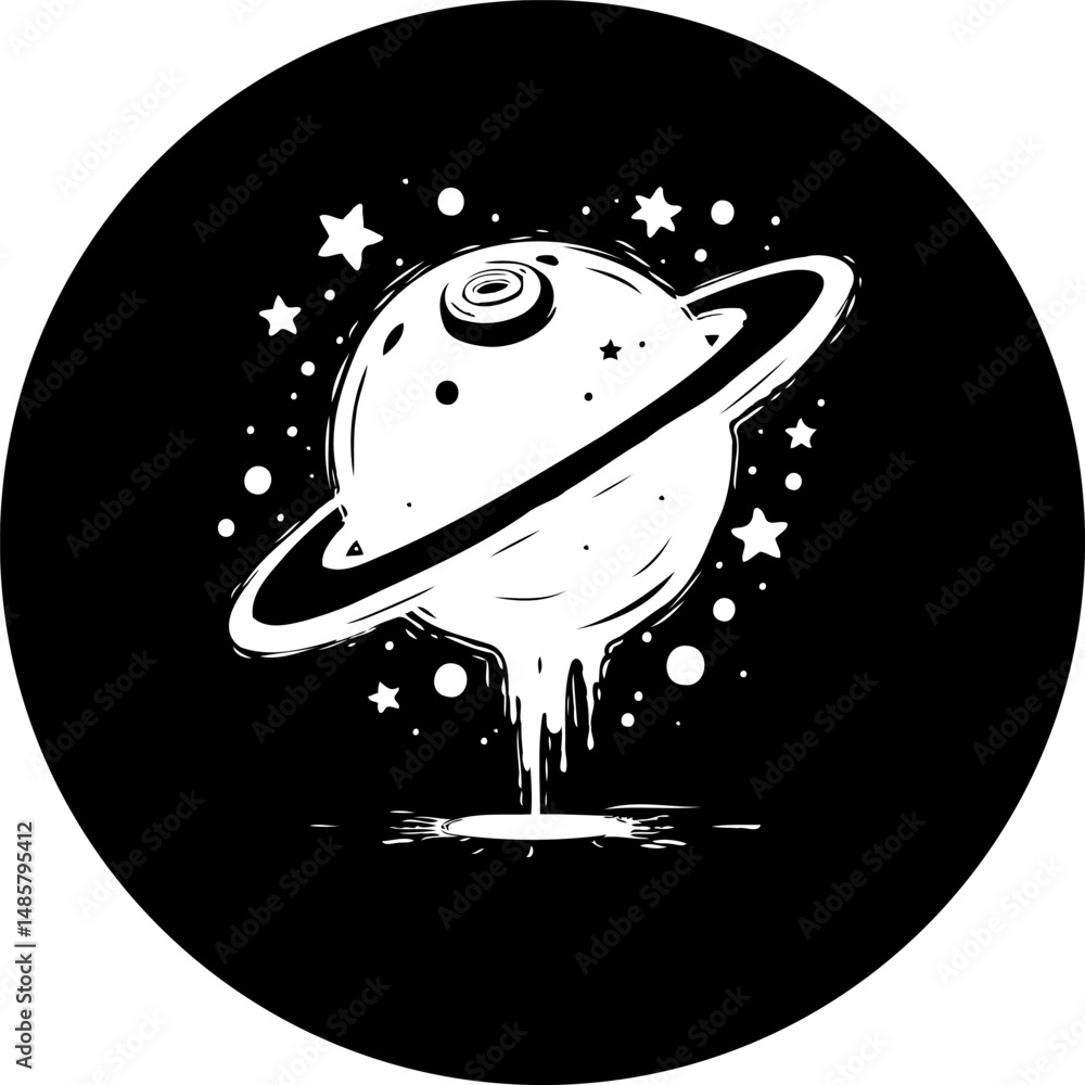 Poster stylized planet with ring and dripping effect against a solid background