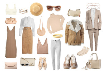 Fashionable women's clothes and accessories isolated on white. Stylish outfit collage