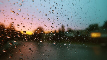 Obraz premium Raindrops on Windowpane with Sunset Reflections Creating a Dreamy Atmosphere