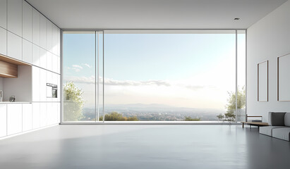 Obraz premium Modern Minimalist Open-Plan Kitchen with Panoramic Views