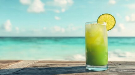 Tropical drink on beach table, ocean behind