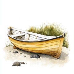 Naklejka premium Yellow wooden boat on sandy shore