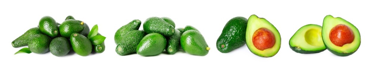 Fresh avocado fruits isolated on white, set
