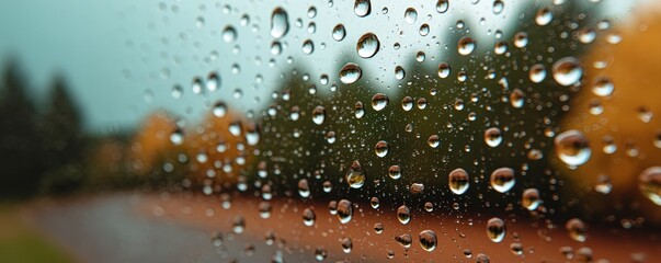 Dewy raindrops on glass with blurred forest background during a rainy day in autumn season