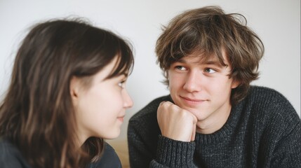 A candid moment shared between two young adults, showcasing connection and warmth. Their expressions reflect curiosity and affection, creating a relatable scene of companionship.