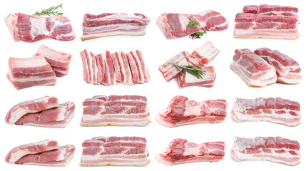 Fresh raw pork meat on white background, collage