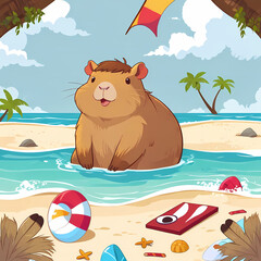 Capybara in tropical beach with palm trees