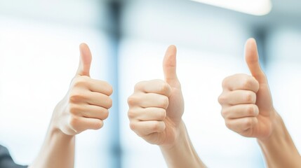 A close-up image of three hands giving a thumbs up gesture. Symbolizes approval, success, and positive feedback, ideal for business and teamwork related themes.