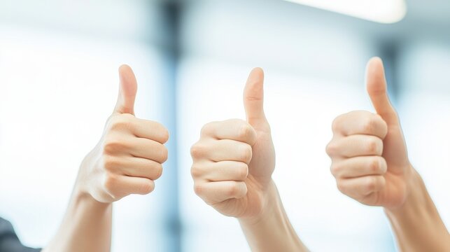A close-up image of three hands giving a thumbs up gesture. Symbolizes approval, success, and positive feedback, ideal for business and teamwork related themes.