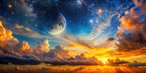 Fototapeta premium Dramatic Sunset Sky, Bokeh Night Moon, Starry Nature Background, Gold Orange Hues, Cloudy Atmosphere