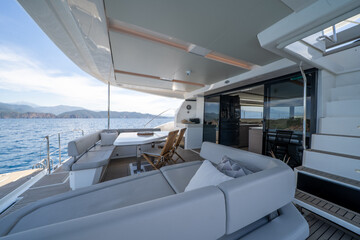 Interior of a Luxury Catamaran with Modern Design and Comfort

