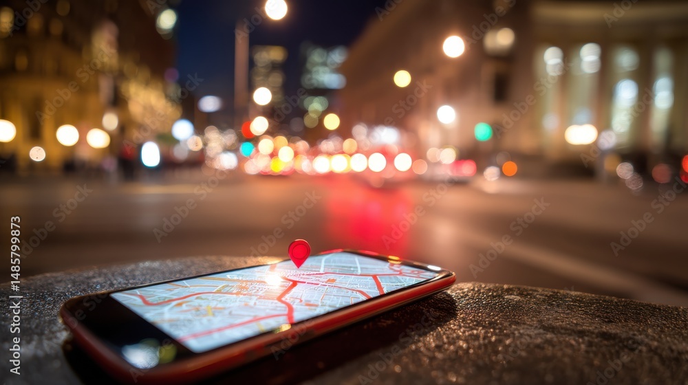 Poster a close up view of a smartphone screen displaying a map application with the blurred lights and buil