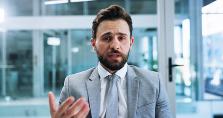 Business, video call and man in workplace speaking and online meeting with presentation for budget. Person, feedback or financial advice in office, trading expert or virtual seminar for investment