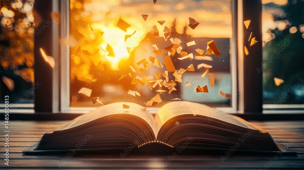 Poster an open book rests on a wooden table by a window with a warm golden sunset illuminating the pages an