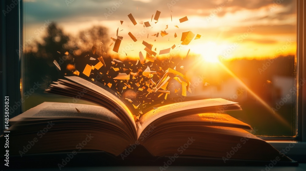 Poster an open book sits by a window basking in the warm glow of the setting sun a symbol of the knowledge 