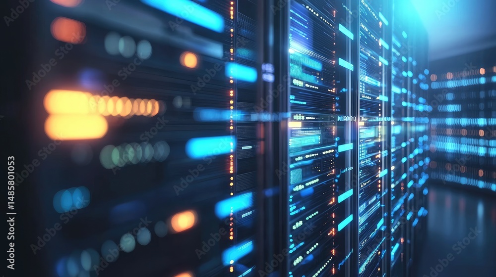 Poster Glowing rows of blue-lit server racks in a futuristic data center, ideal for illustrating cloud storage, IT infrastructure, and high-performance computing environments