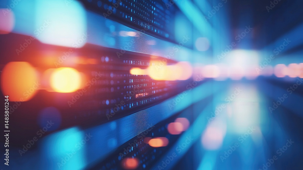 Aufkleber abstract view of glowing server hardware with vibrant lights and soft focus, ideal for digital trans