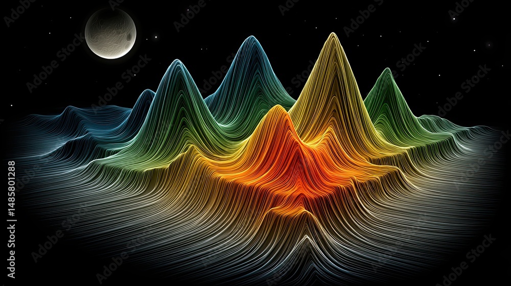 Poster abstract colorful wave patterns in a futuristic landscape with a crescent moon in a starry sky, show