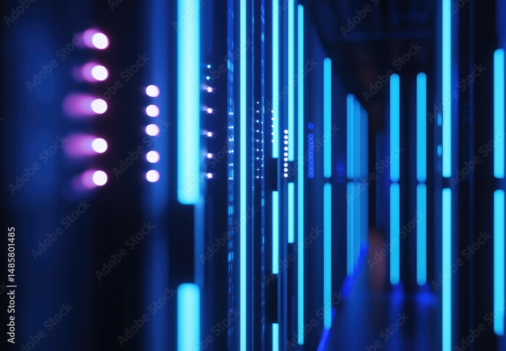 Poster stylized corridor of glowing blue and violet server racks in a dark futuristic setting, ideal for te