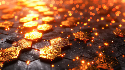 Abstract hexagonal pattern with glowing golden textures and sparkling elements on a dark surface, creating a visually striking and dynamic background for various design applications