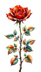 A vividly  colored red rose with multi  hued leaves on a slender stem against a white background. 